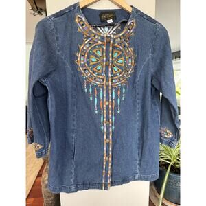 Bob Mackie Wearable Art Embroidered Small Denim Shirt Western Designer Southwest
